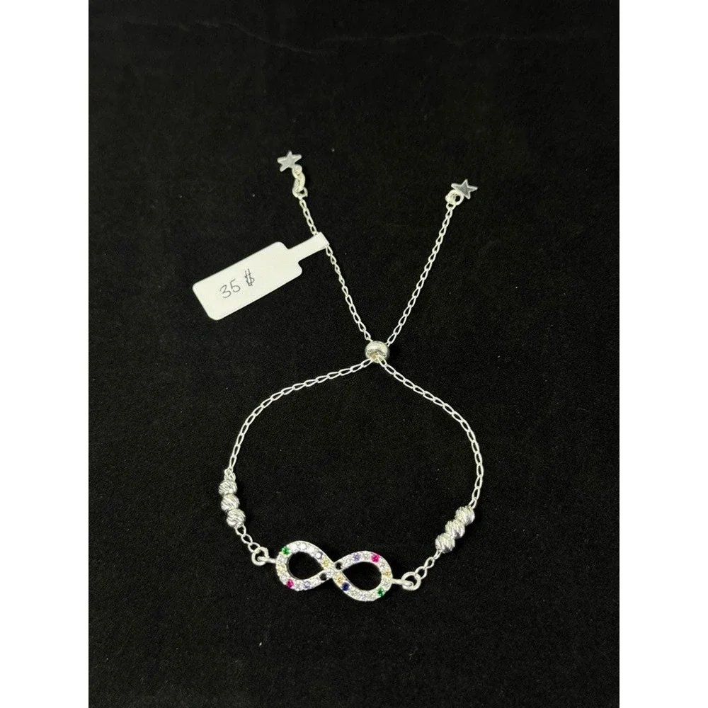 Sterling Silver Infinity Bolo Bracelet Multicolor CZ Adjustable Pull Chain